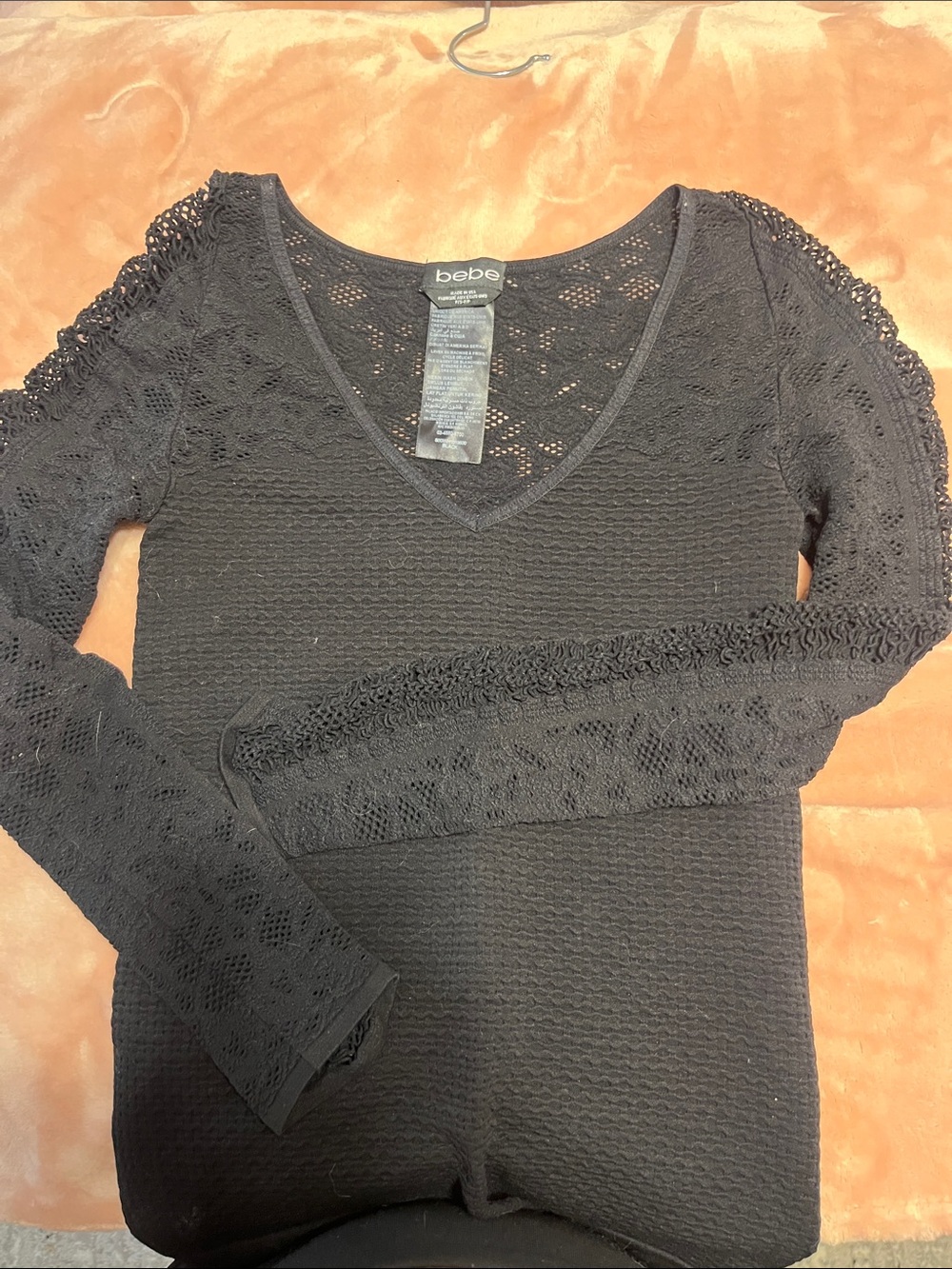 bebe Black Crochet V-Neck Long Sleeve Sweater Top